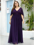 Vestido de madre de la novia de corte A, talla grande, elegante, escote en V, largo hasta el suelo, de gasa, tul, media manga con faja/cinta
