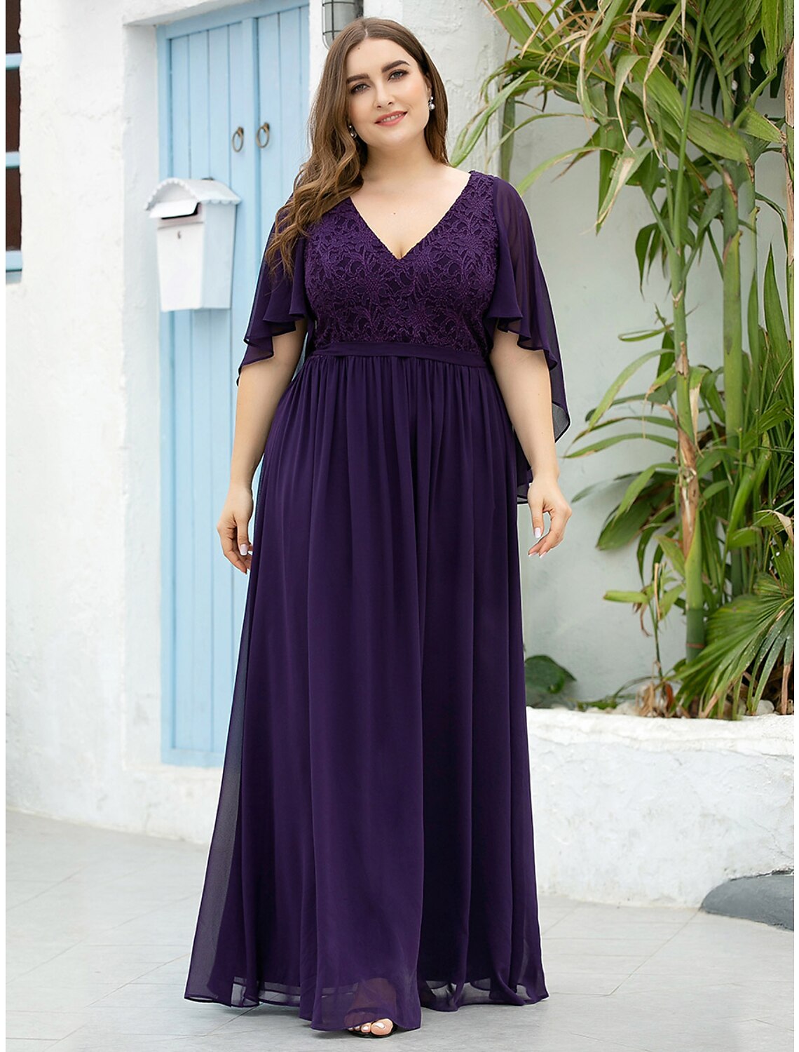 Vestido de madre de la novia de corte A, talla grande, elegante, escote en V, largo hasta el suelo, de gasa, tul, media manga con faja/cinta