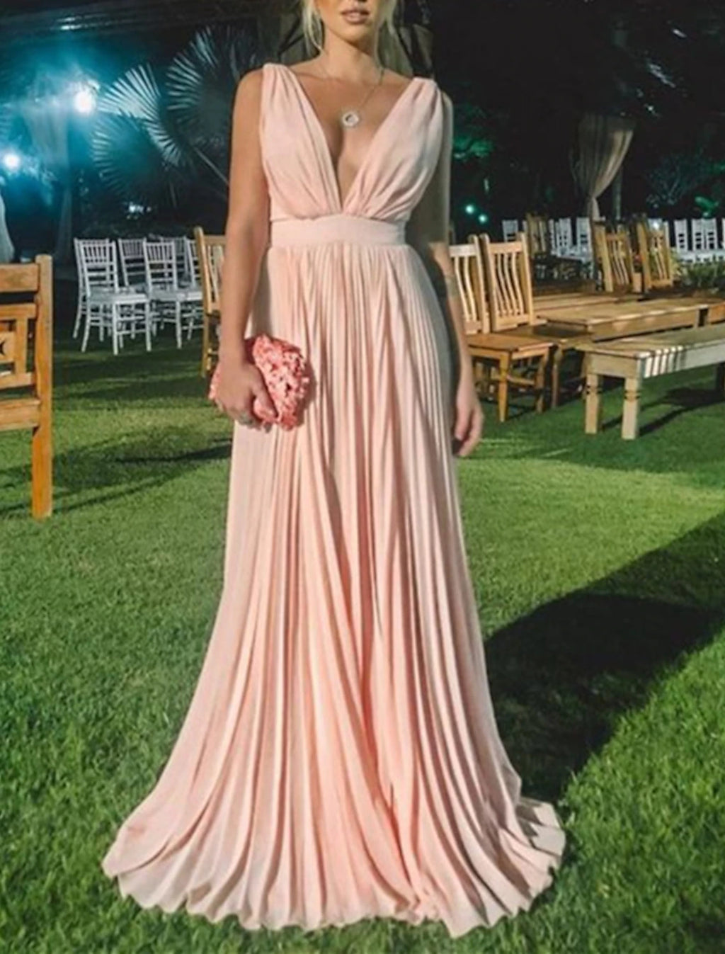 Blushing Pink Chiffon A-Line Floor-Length Dress with V-Neck and V-Back