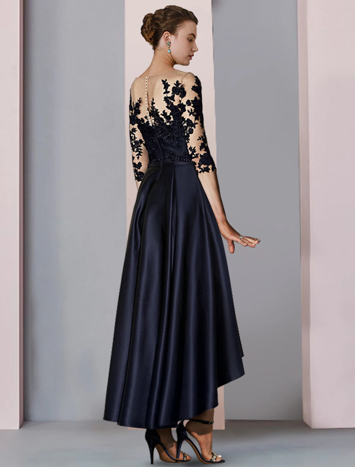 Black Satin A-Line Asymmetrical Dress with Illusion Lace Bodice
