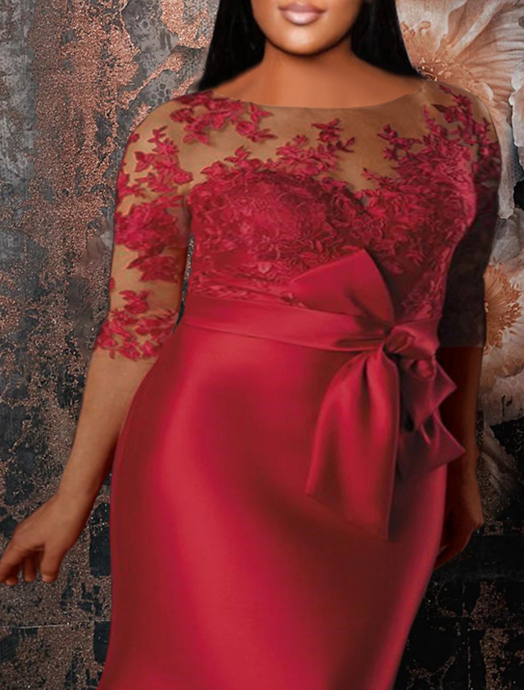 Red Satin Lace Mermaid Illusion Neck Floor-Length Evening Dress
