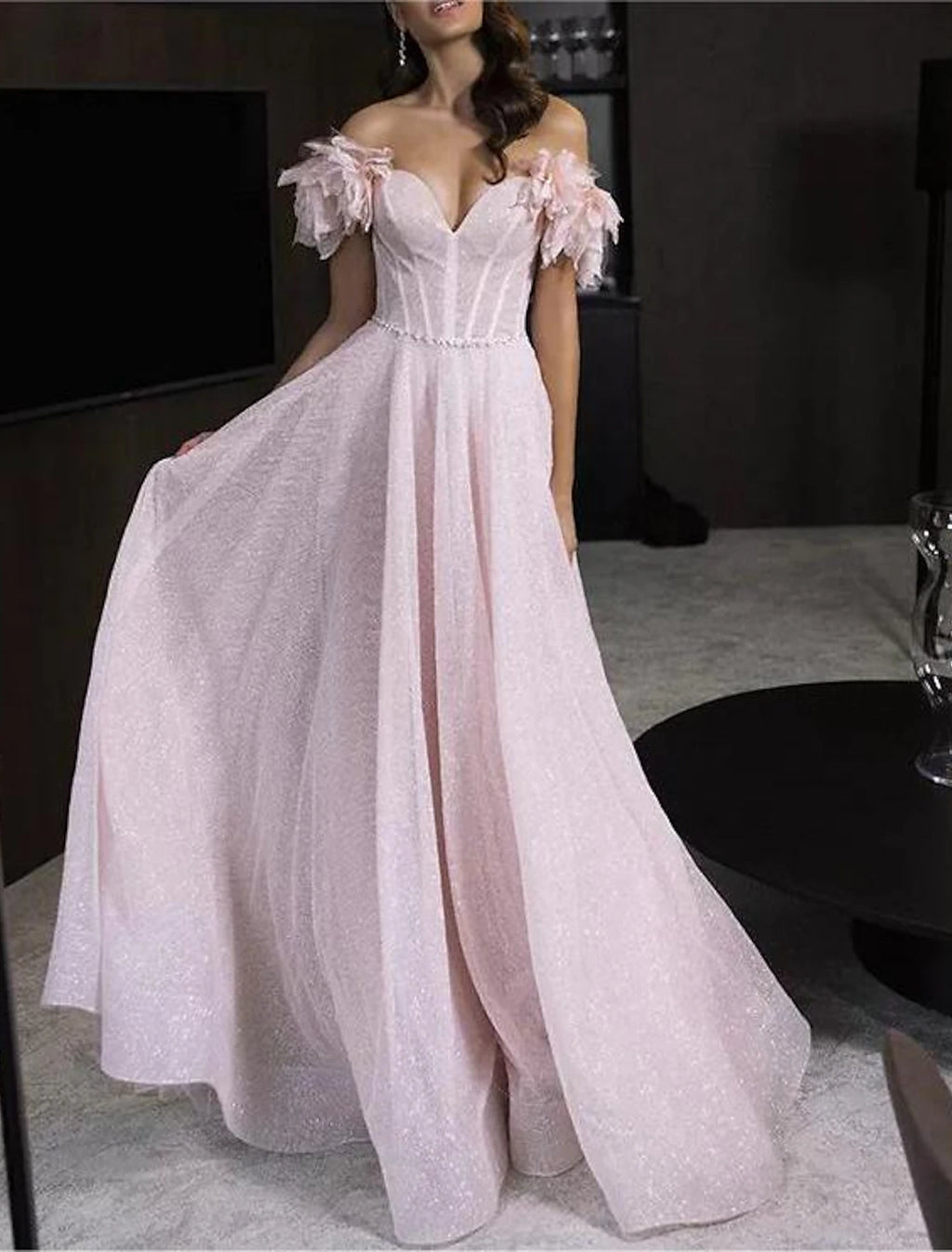Blushing Pink Off-the-Shoulder Floral Applique A-Line Floor-Length Gown