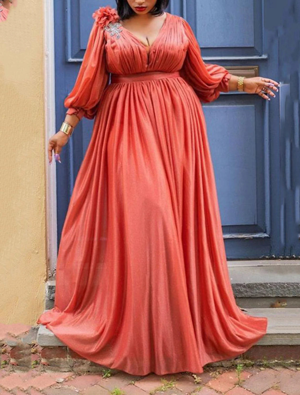 Women‘s Plus Size Curve Party Dress Solid Color V Neck Ruched 3/4 Length Sleeve Spring Fall Elegant Formal Prom Dress Maxi long Dress Party Back to School Dress Homecoming Dress