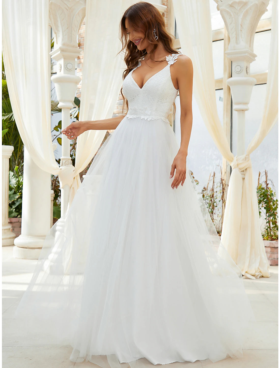 Vestidos de novia informales de recepción, corte A, escote en V, tirantes finos, cola larga de tul con apliques de cristales, para bodas de verano, ropa de mujer.