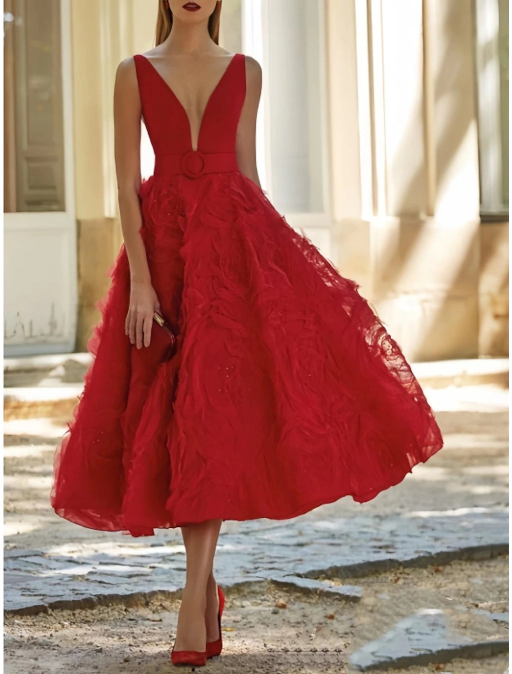 Vestido de noche elegante de corte A para invitados de boda, cumpleaños, largo hasta la rodilla, sin mangas, escote en V, cinturón/faja de encaje con pliegues