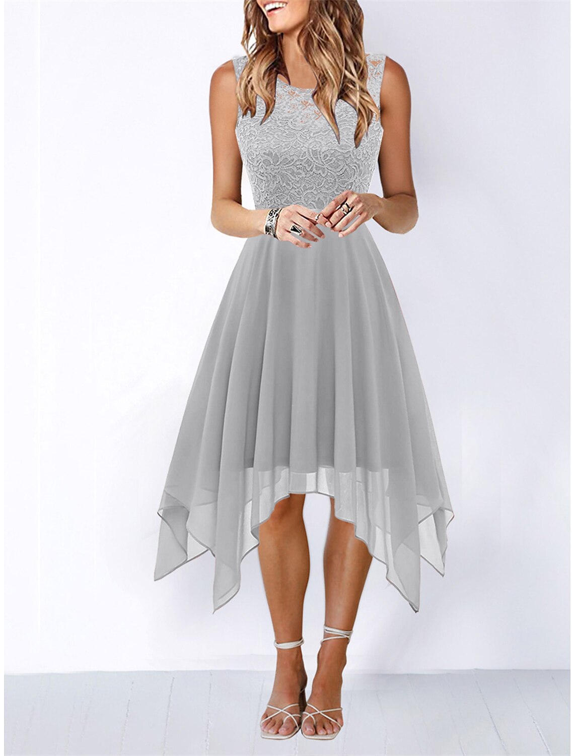 Vestido de fiesta para mujer, vestido de encaje, vestido de regreso a casa, vestido midi, rosa, vino, azul, sin mangas, color puro, encaje, verano, primavera, cuello redondo, fiesta, cumpleaños, fiesta de noche, invitada de boda