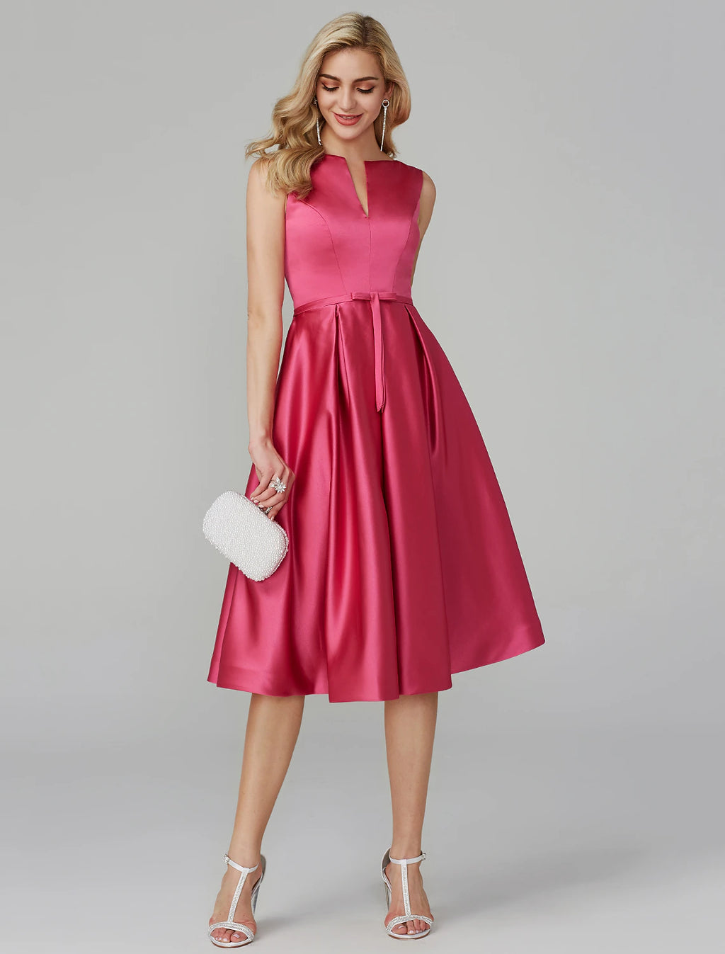 Vestido elegante de corte A para invitada de boda, cóctel, hasta la rodilla, sin mangas, escote en V, vestido rosa de satén con faja/cinta