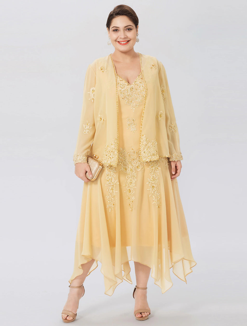 Butter Chiffon A-Line V-Neck Tea-Length Mother of the Bride Two-Piece Dress with Embroidery