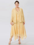 Butter Chiffon A-Line V-Neck Tea-Length Mother of the Bride Two-Piece Dress with Embroidery