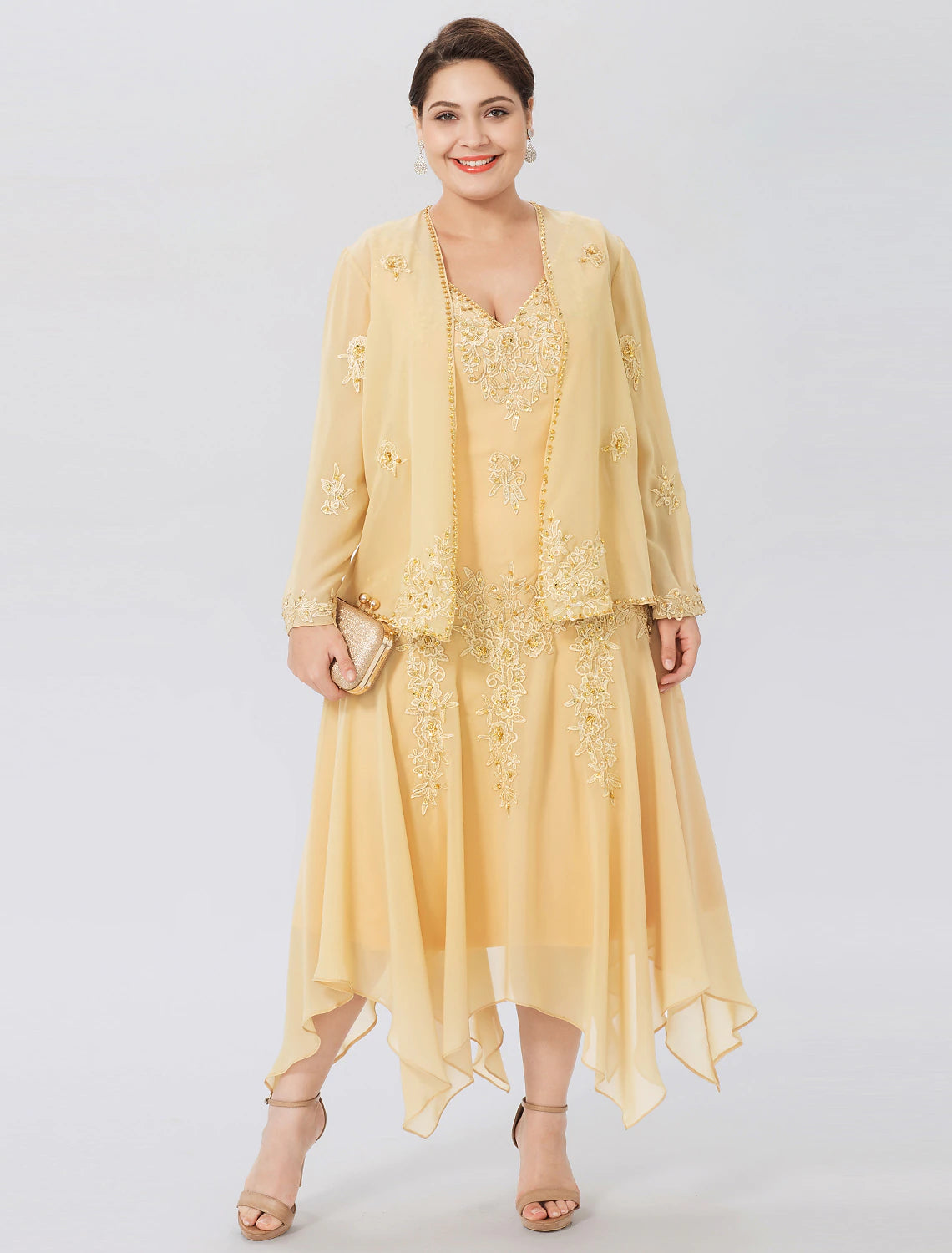 Butter Chiffon A-Line V-Neck Tea-Length Mother of the Bride Two-Piece Dress with Embroidery