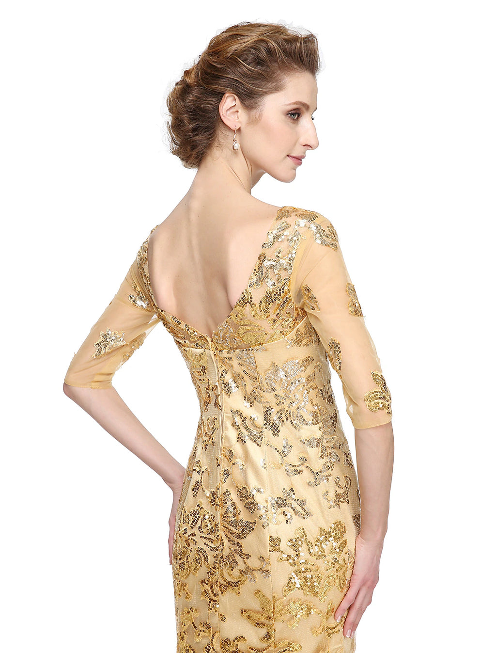 Vestido de sirena/trompeta para madre de la novia, elegante, con brillo y brillo, escote en V, largo hasta el suelo, tul con lentejuelas, media manga con lentejuelas