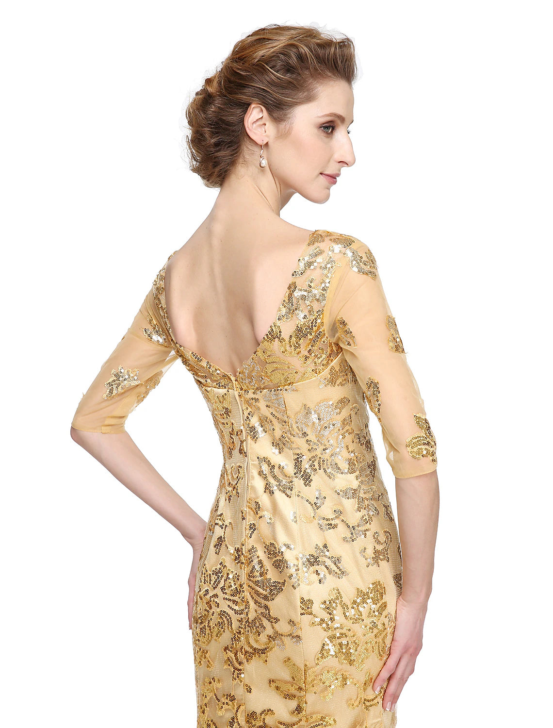 Vestido de sirena/trompeta para madre de la novia, elegante, con brillo y brillo, escote en V, largo hasta el suelo, tul con lentejuelas, media manga con lentejuelas