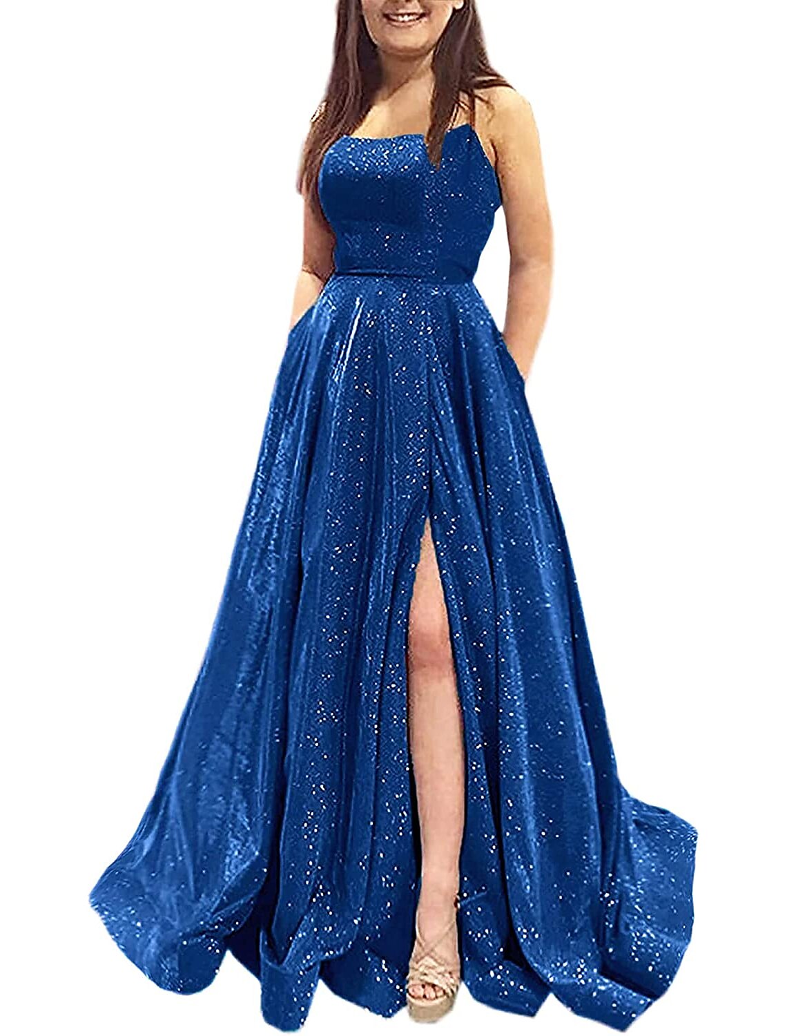Abiti da ballo a trapezio, scintillanti e brillanti, lunghi fino al pavimento, senza maniche, senza spalline, in raso, senza schienale, con tasca a fessura