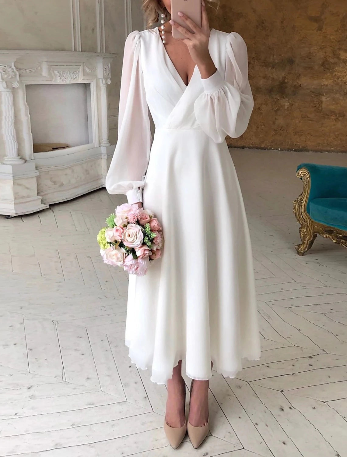 Ivory Satin A-Line Tea-Length Bridesmaid Dress with High Neck and Voluminous Puff Sleeves