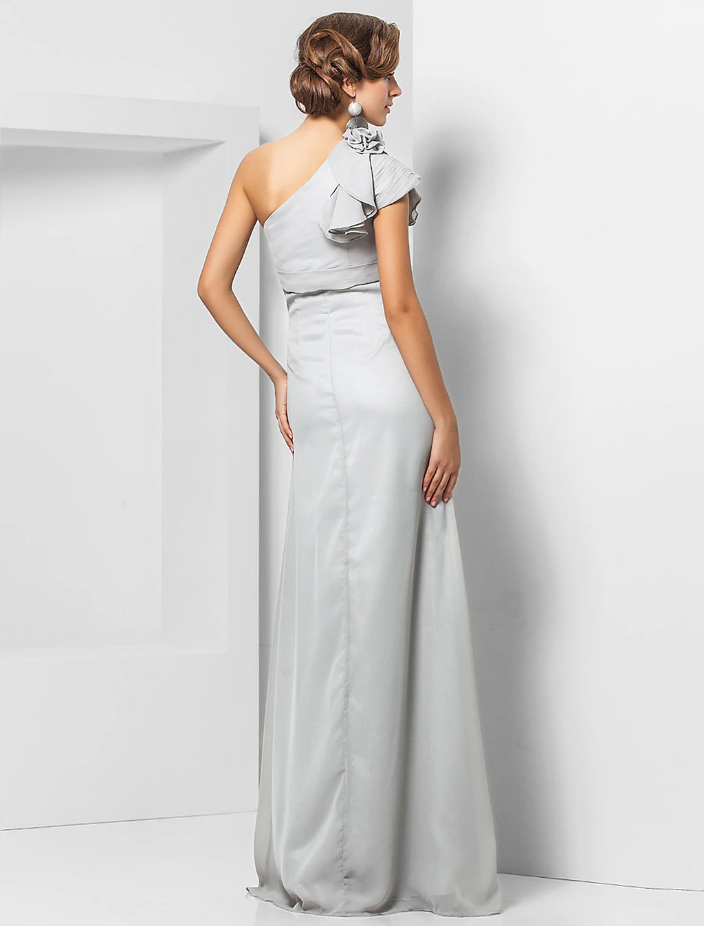 Vestido elegante de fiesta para invitados de boda, de noche, largo hasta el suelo, sin mangas, con un hombro al descubierto, de gasa, con apliques de faja o cinta.