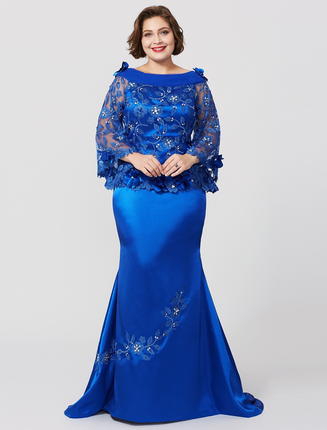 Royal Blue Satin Off-the-Shoulder Mermaid Floor-Length Evening Dress with Embroidered Bodice