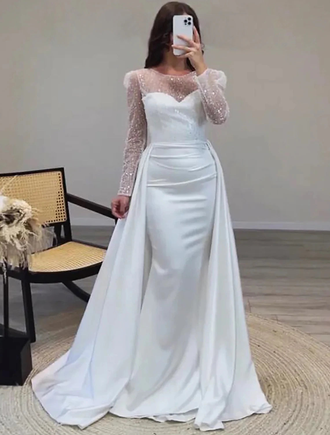 Ivory Satin Sheath/Column Gown with Illusion Sequin Sleeves