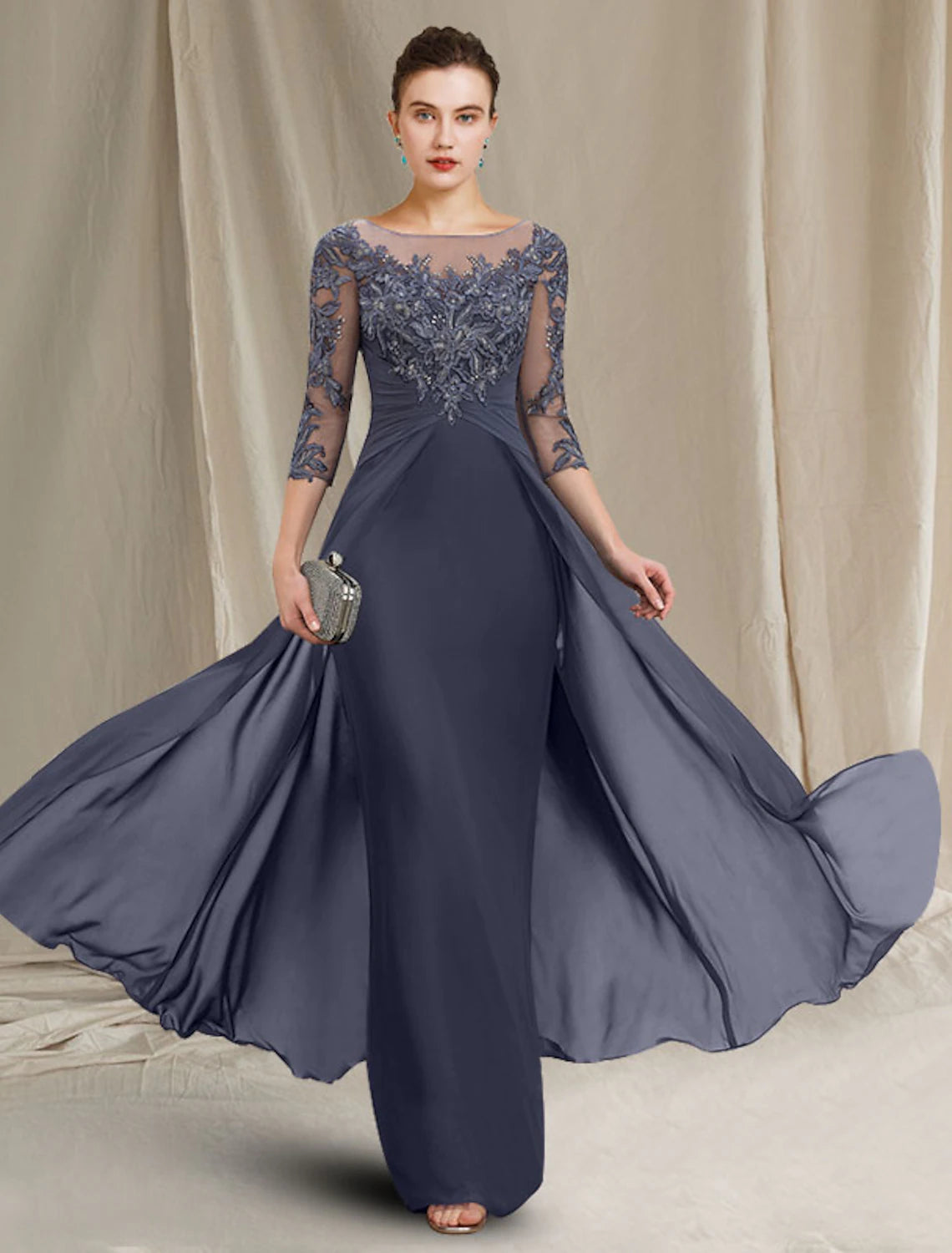 Dark Navy Chiffon A-Line Floor-Length Evening Dress - Illusion Neck Lace Appliques