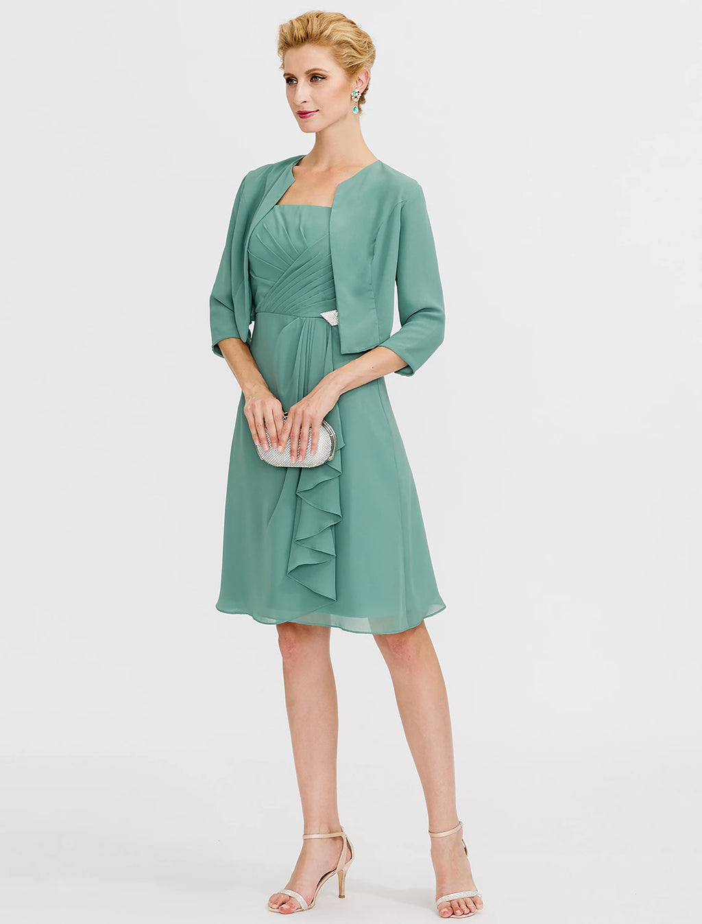 Vestido de madre de la novia de corte A, formal, elegante, de dos piezas, con tirantes, corto/mini, de gasa, sin mangas, sí, con pliegues y abalorios