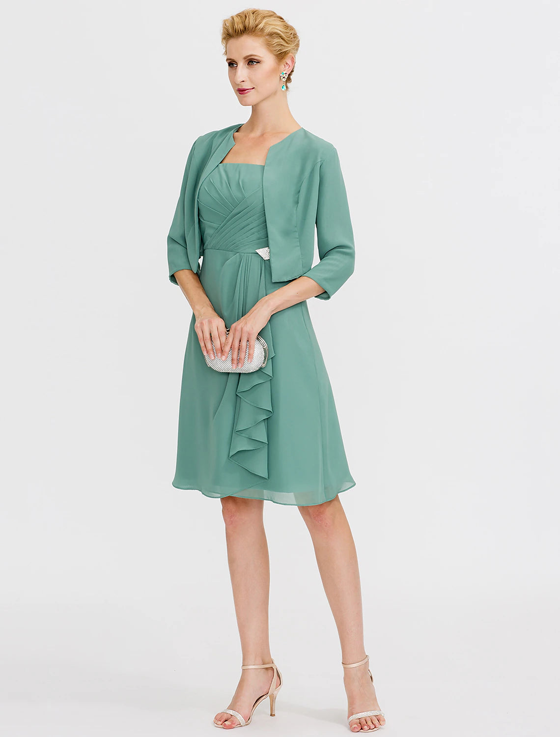 Vestido de madre de la novia de corte A, formal, elegante, de dos piezas, con tirantes, corto/mini, de gasa, sin mangas, sí, con pliegues y abalorios
