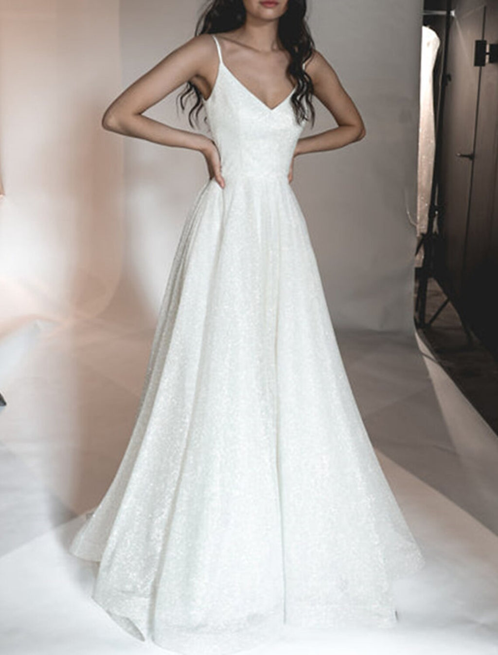 Ivory Glitter A-Line V-Neck Floor-Length Evening Dress