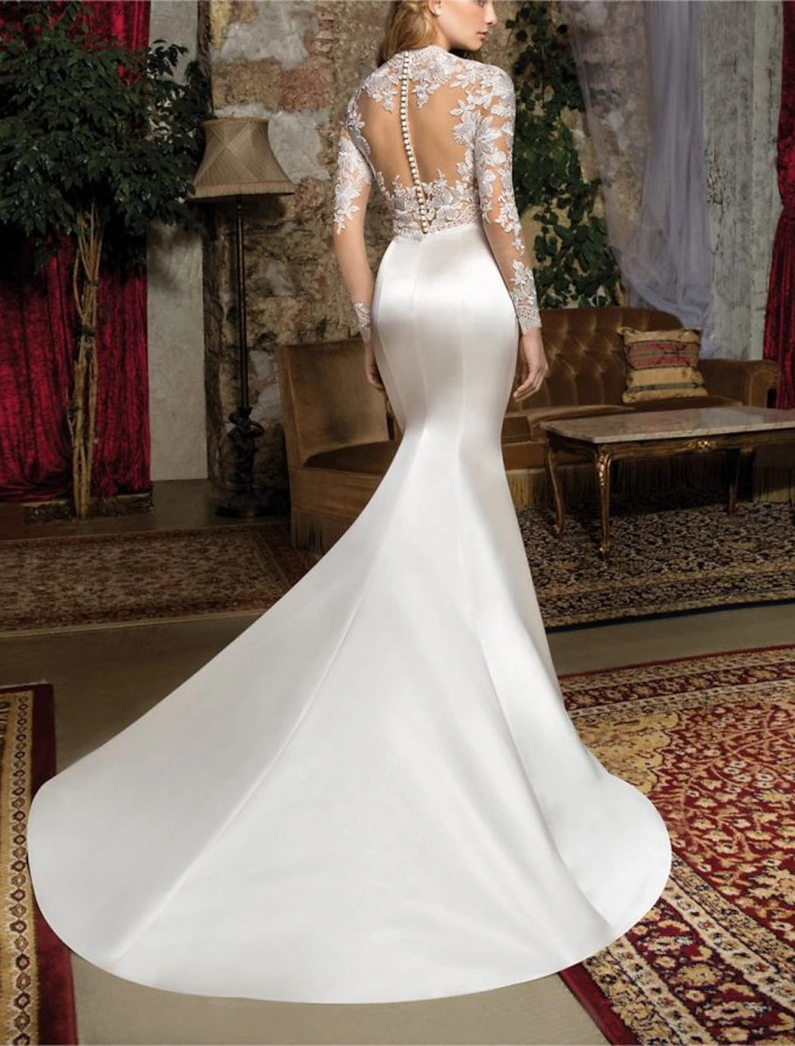 Vestidos de novia formales de dos piezas, escote en V, manga larga, largo hasta el suelo, con encaje y sobrefalda, vestidos de novia de color liso