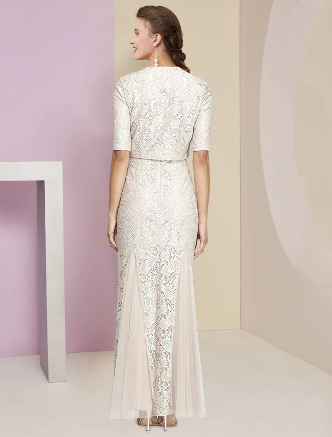 Ivory Lace Sheath/column Floor-Length Dress with Bolero Jacket