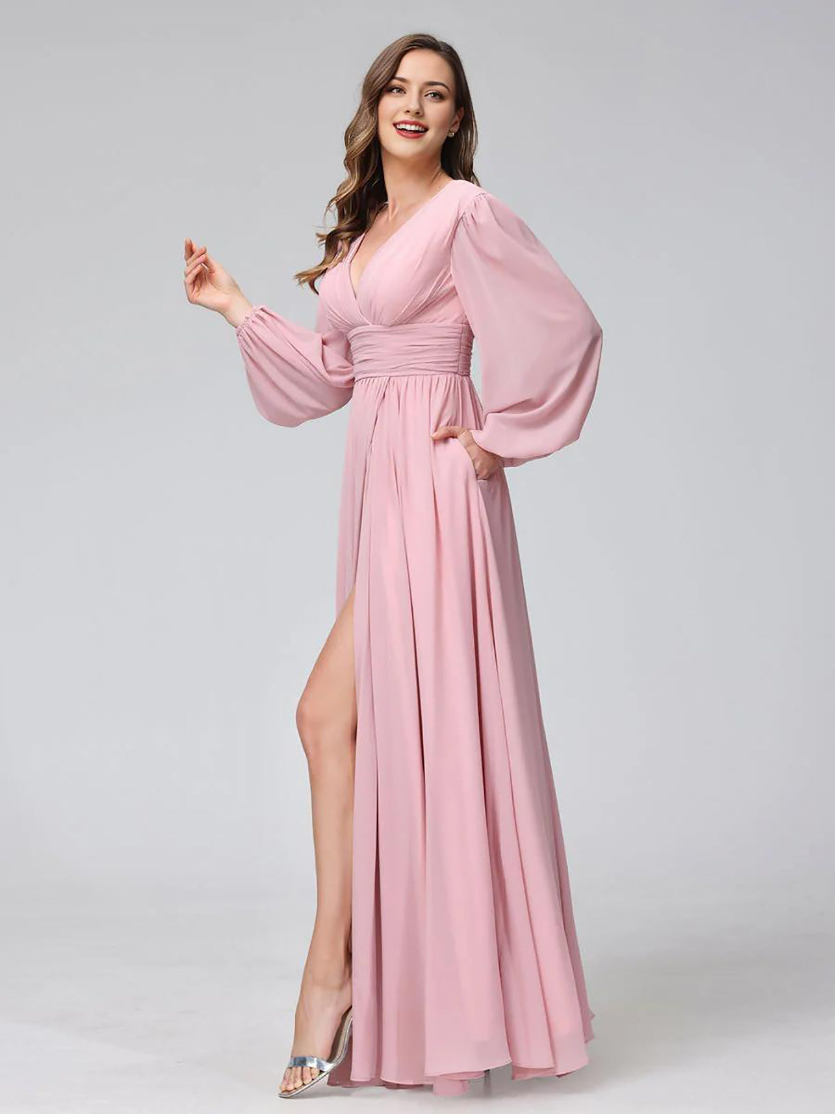 Blushing Pink Chiffon V-Neck A-Line Floor-Length Bridesmaid Dress with Bishop Sleeves