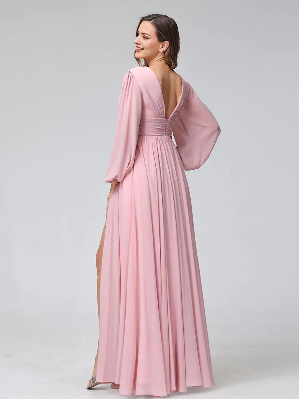 Blushing Pink Chiffon V-Neck A-Line Floor-Length Bridesmaid Dress with Bishop Sleeves