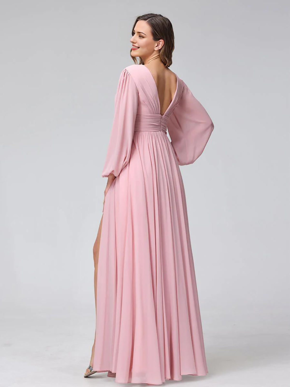 Blushing Pink Chiffon V-Neck A-Line Floor-Length Bridesmaid Dress with Bishop Sleeves