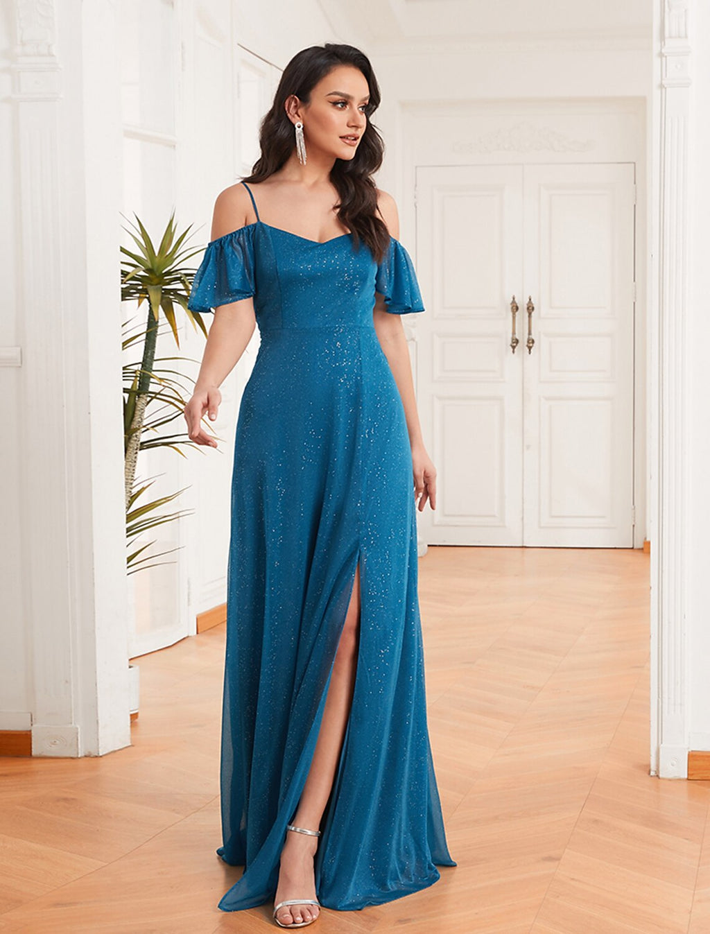 Teal Glitter Fabric A-Line Floor-Length Bridesmaid Dress