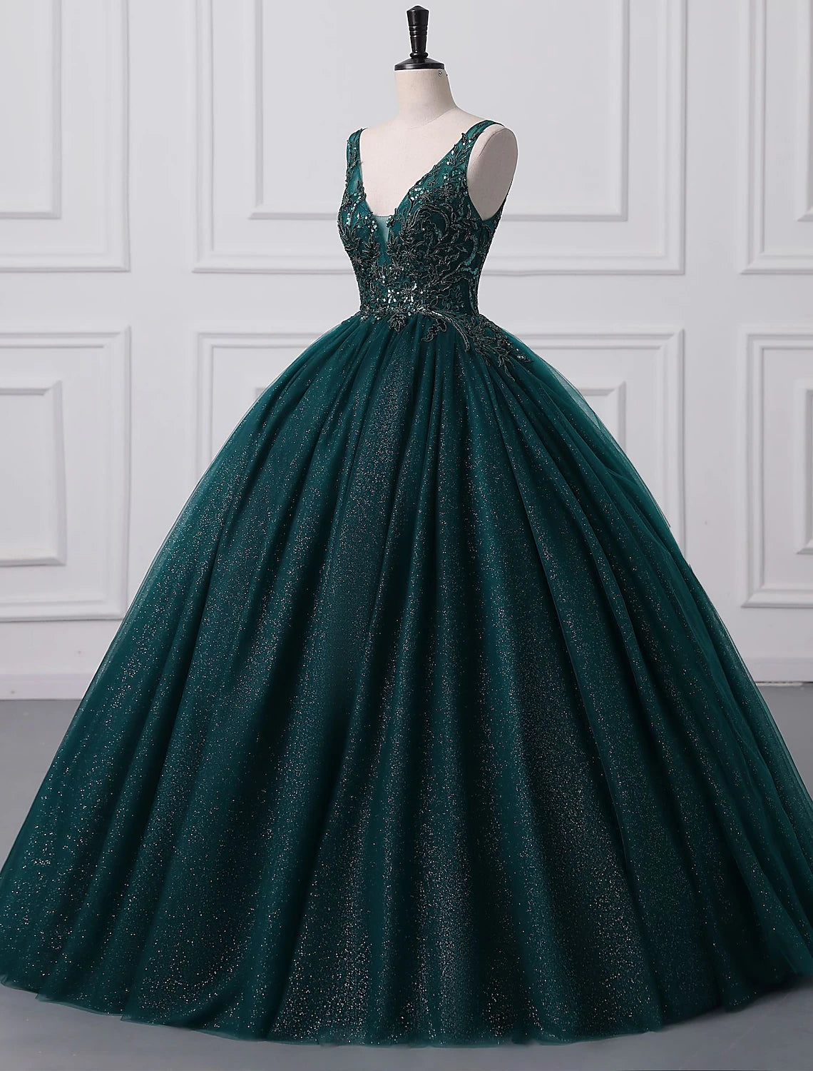 Emerald Glitter Ball Gown Floor-Length Evening Dress with Sequin Bodice