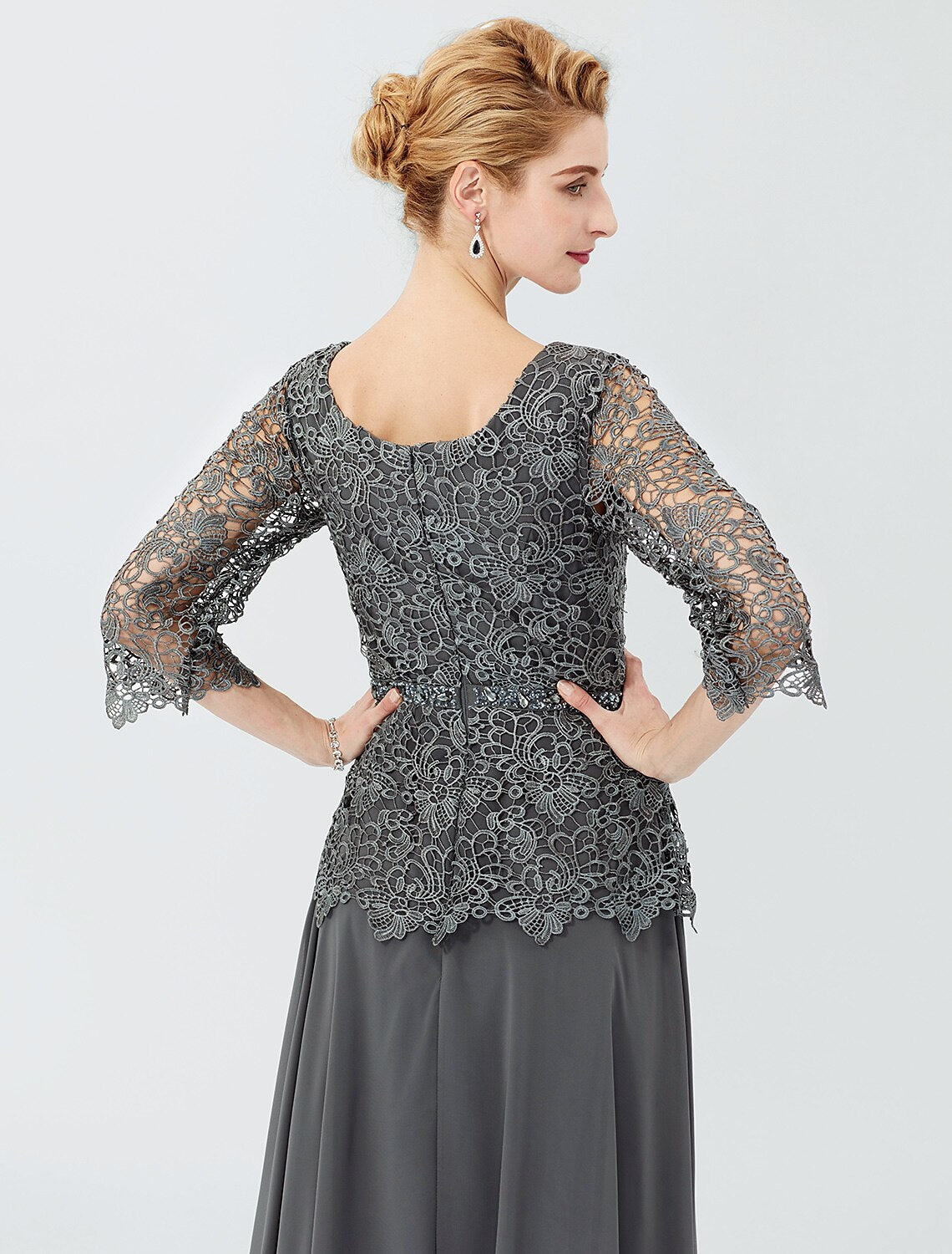 Vestido de baile Línea A Vestido de madre de la novia Formal Clásico y atemporal Elegante y lujoso Elegante Escote redondo Largo hasta el suelo Gasa Con cordón Encaje Manga 3/4 con fajas / cintas Abalorios