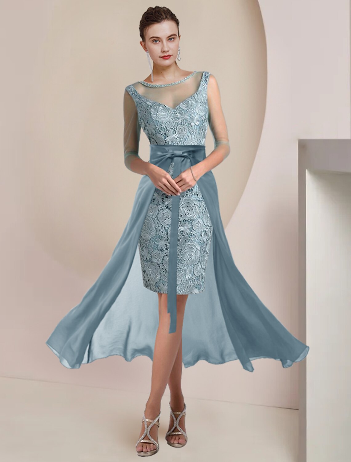 Vestido de dos piezas para madre de la novia, estilo tubo/columna, formal, para invitada de boda, estilo vintage, elegante, con escote joya, largo hasta la rodilla, de gasa, con encaje, manga 3/4 y apliques de cuentas.