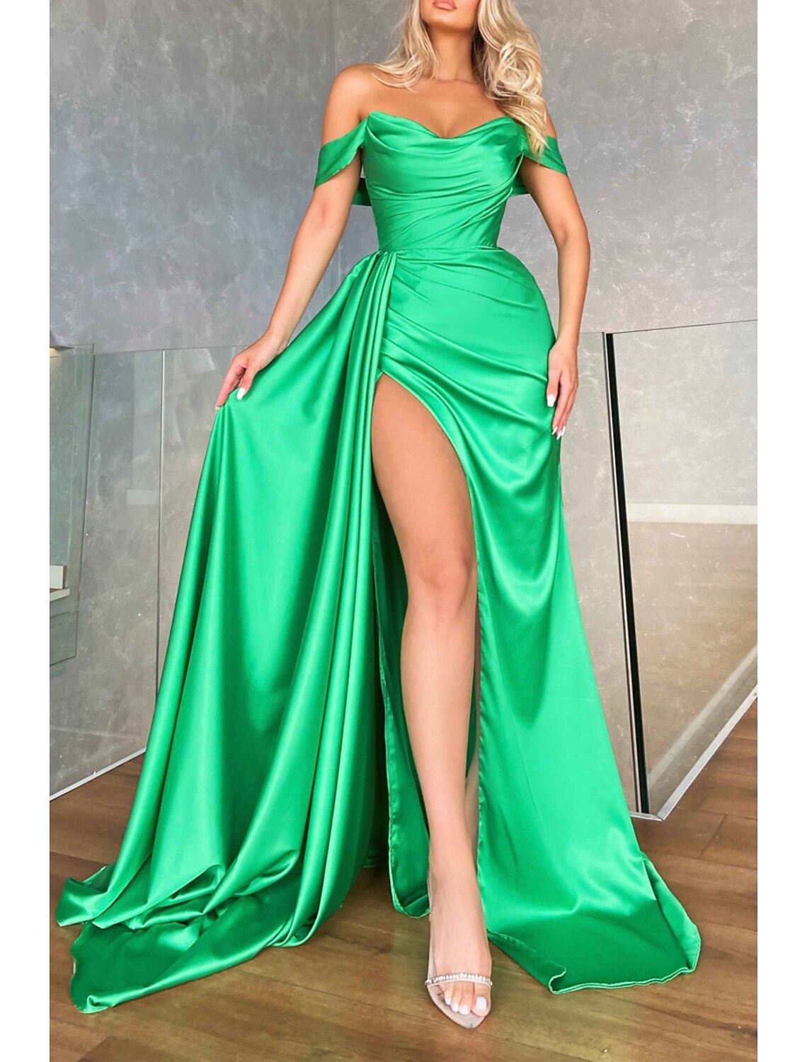 White Satin Off-the-Shoulder A-Line Floor-Length Dress with Draped Bodice & High Slit
