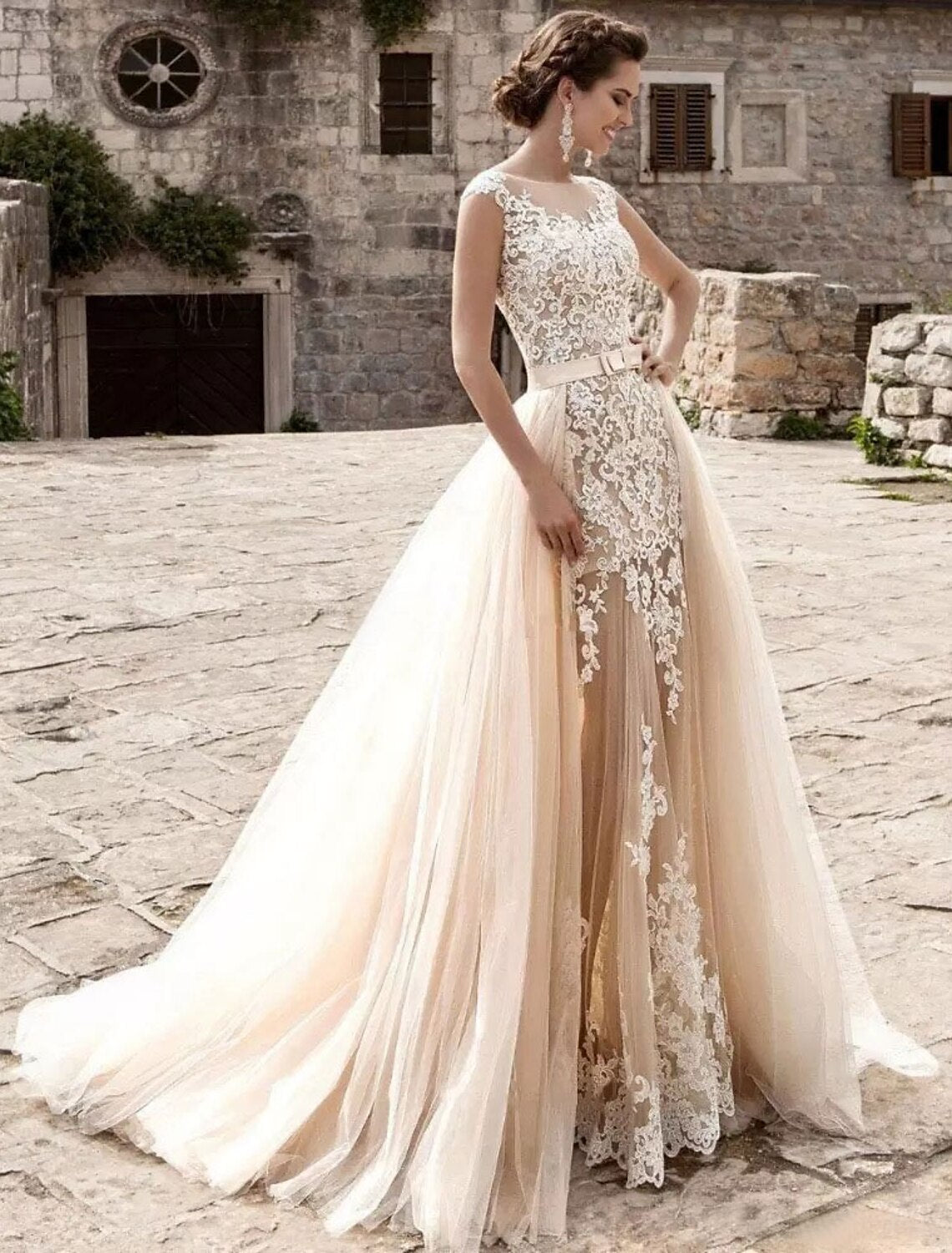 Vestidos de novia formales de compromiso, corte sirena/trompeta, escote ilusión, mangas cortas, cola de corte, encaje, con apliques, para fiesta de bodas de verano, ropa para mujer