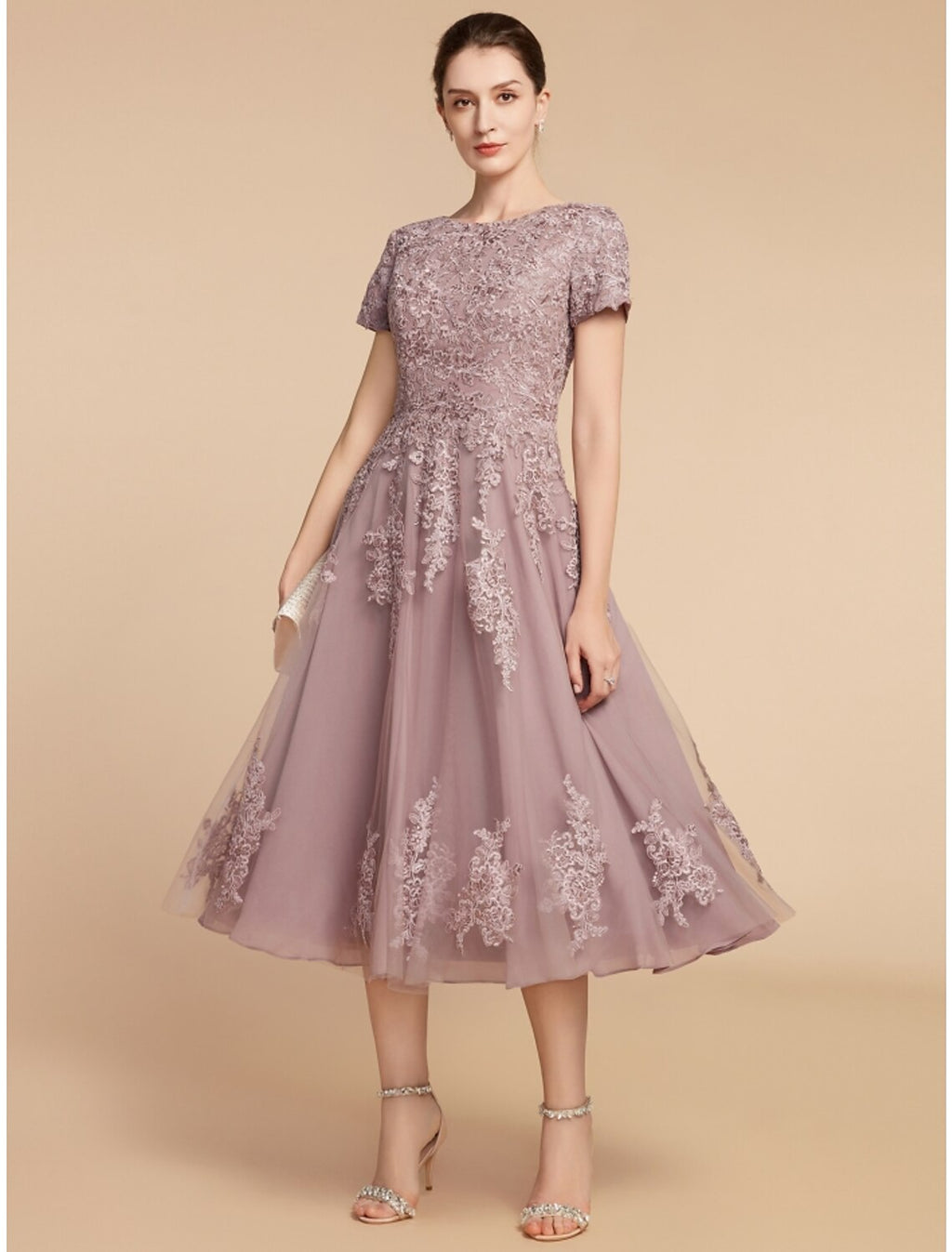 Dusty Rose Lace Tulle A-Line Tea-Length Dress with Lace Bodice and Applique Skirt | Jimiss