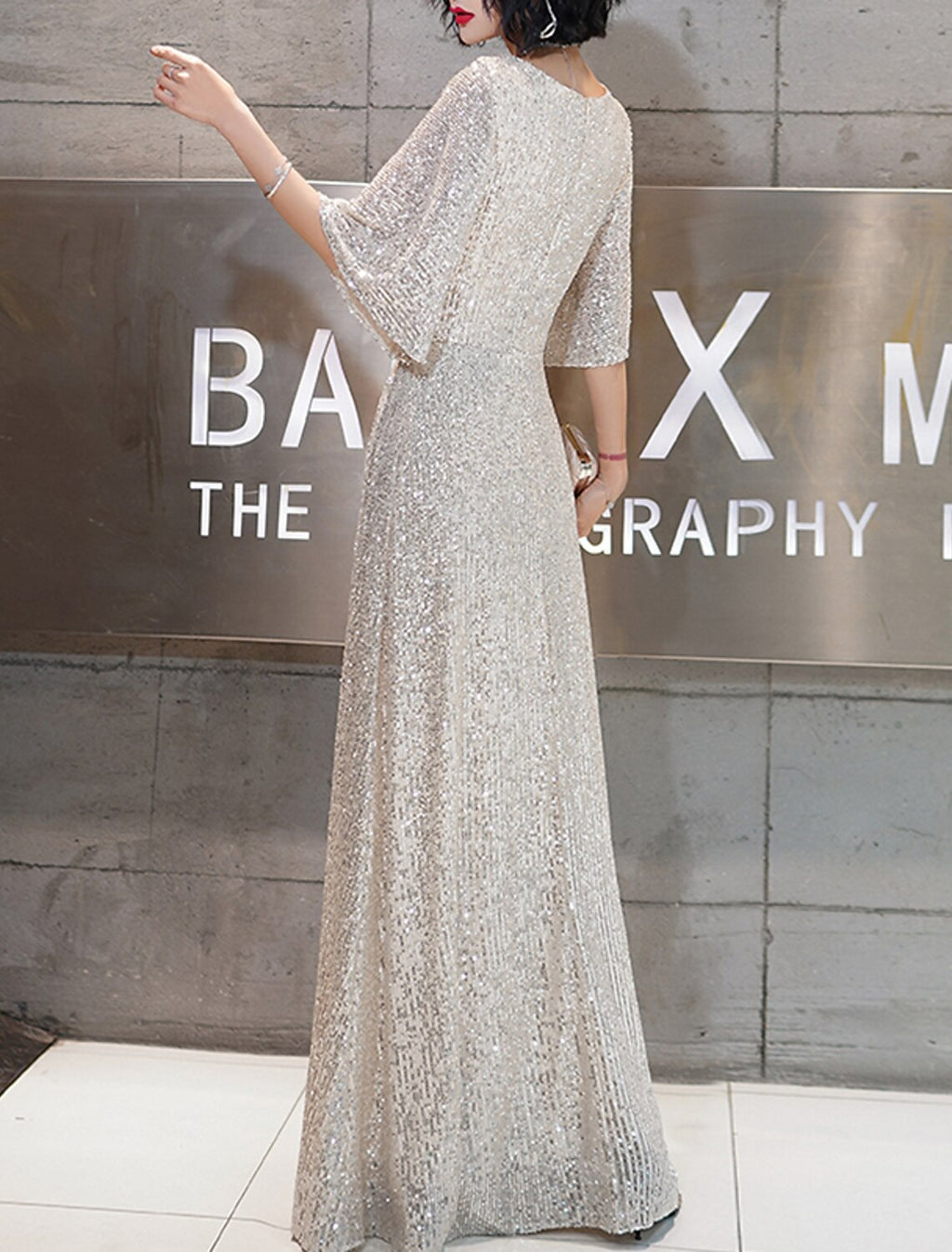 Champagne Sequin A-Line Floor-Length V-Neck Evening Dress with Flutter Sleeves for Prom & Wedding Guests