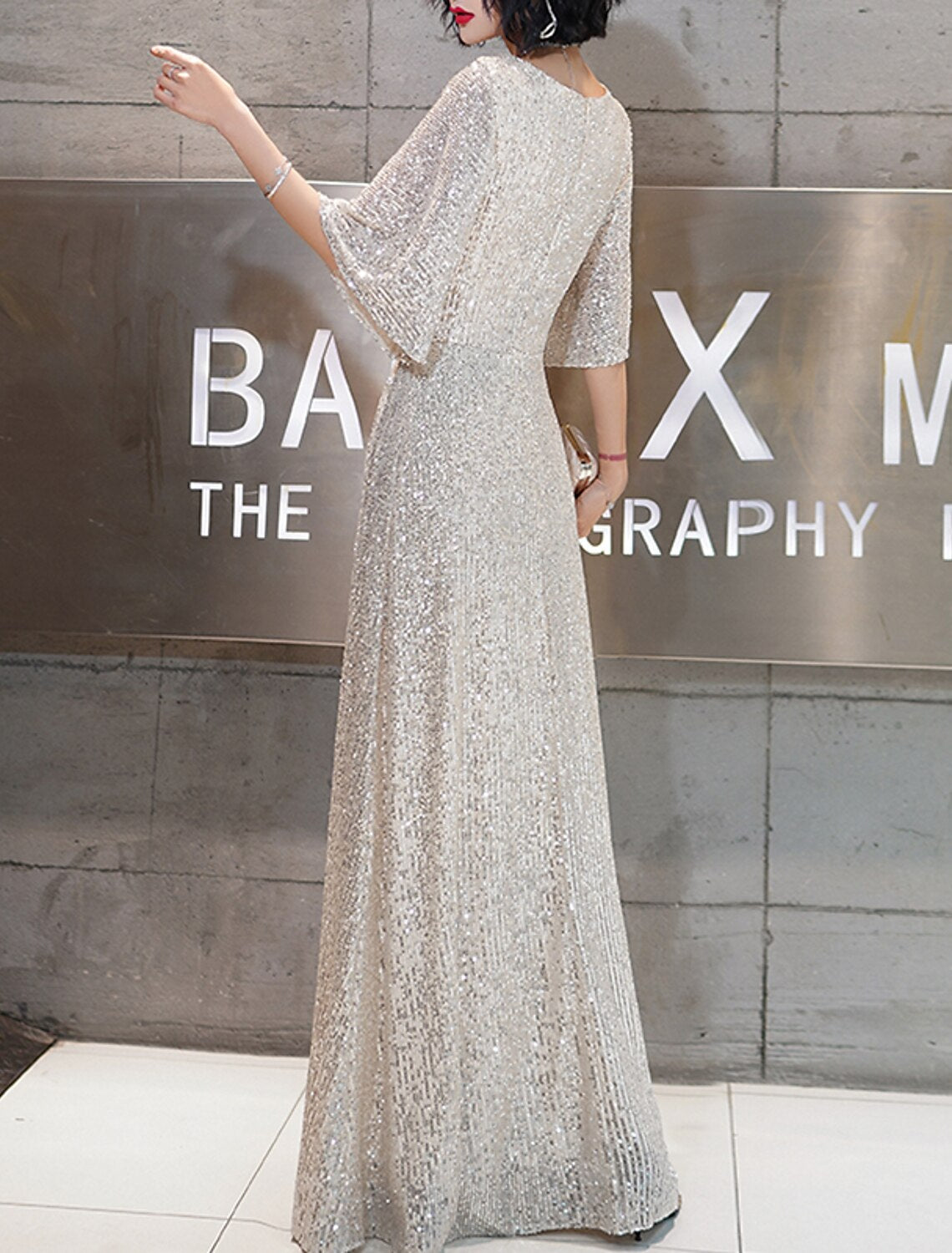 Champagne Sequin A-Line Floor-Length V-Neck Evening Dress with Flutter Sleeves for Prom & Wedding Guests