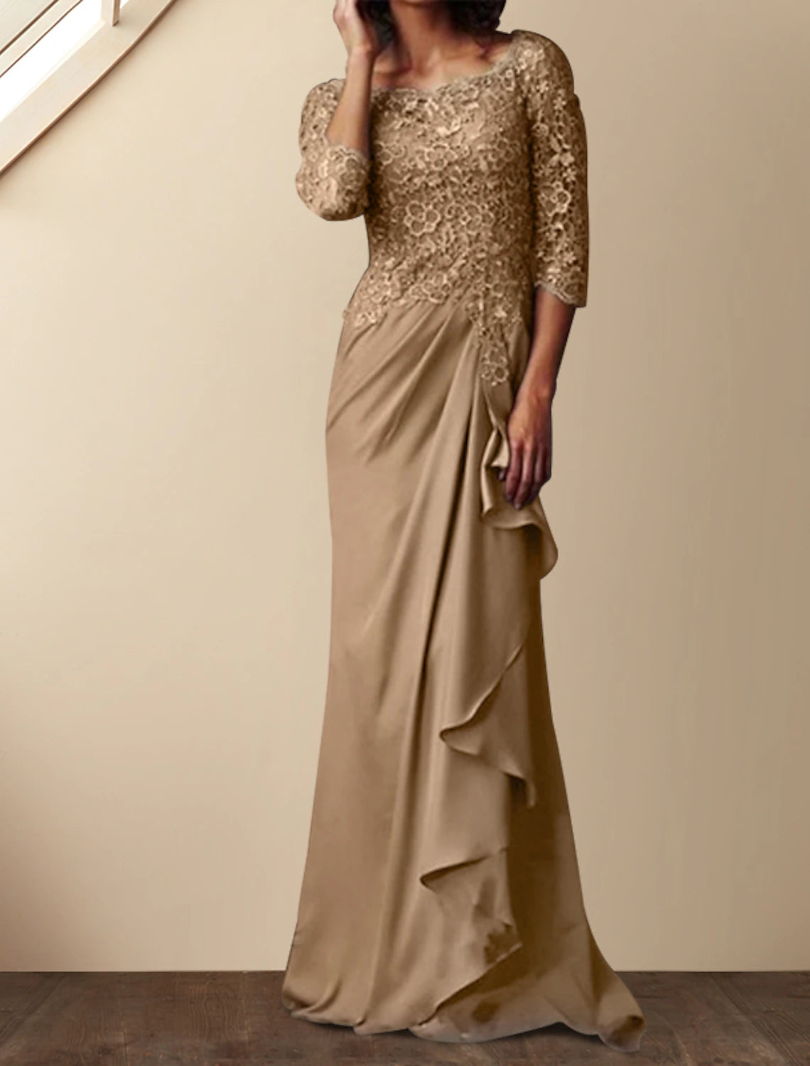 Stormy Lace & Chiffon Boat Neck Sheath/column Floor-Length Evening Dress