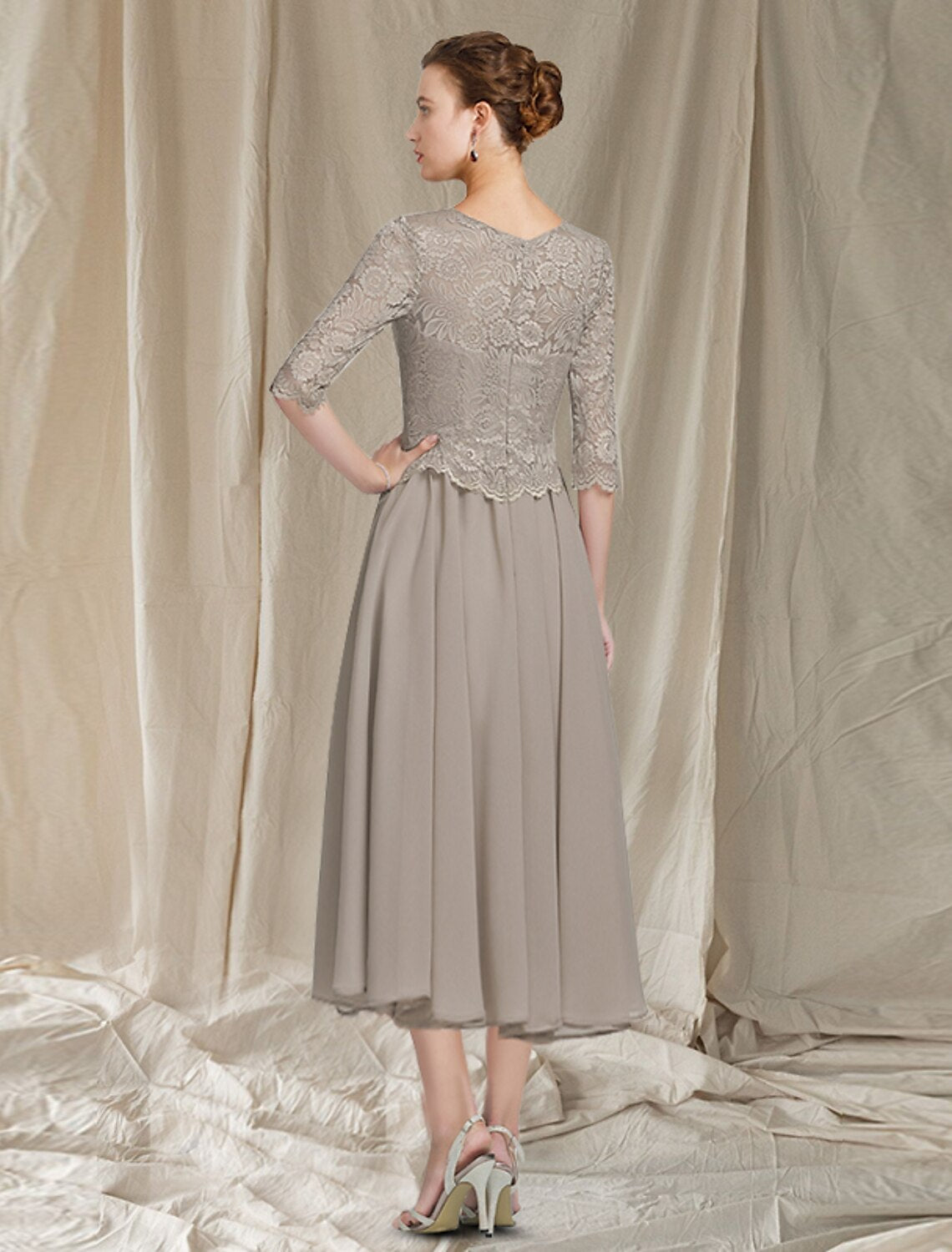 Vestido elegante de dos piezas para madre de la novia, corte en A, estilo iglesia, cuello joya, largo hasta la rodilla, de gasa, encaje, media manga, chaqueta, con apliques