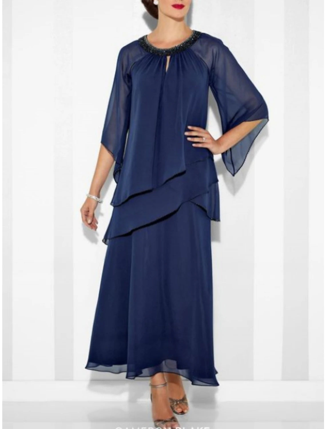 Vestido de Madre de la Novia con Corte en Columna, Elegante, para Invitadas de Boda, Fiesta, Escote Joya, Largo hasta el Tobillo, Gasa, Manga 3/4 con Fruncido de Cristales