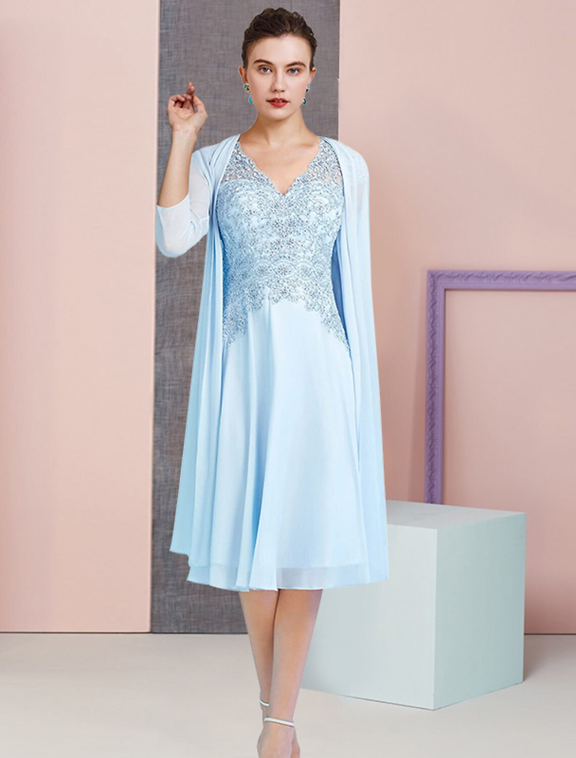Elegant Sky Blue Chiffon A-Line Knee-Length Mother of the Bride Dress with Embellished Bodice & Cardigan