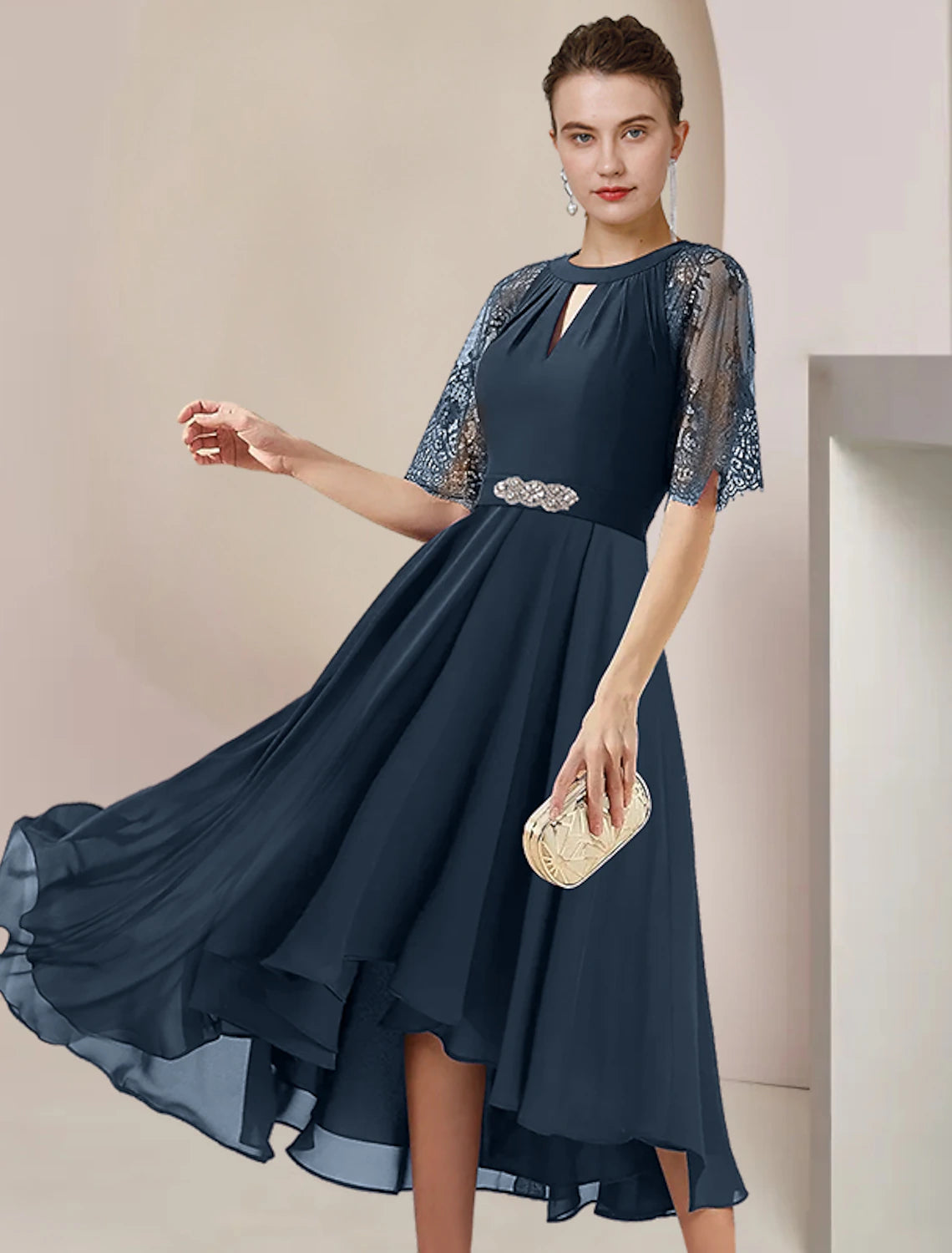 Dark Navy Chiffon A-Line High-Low Dress with Keyhole Neck and Lace Sleeves