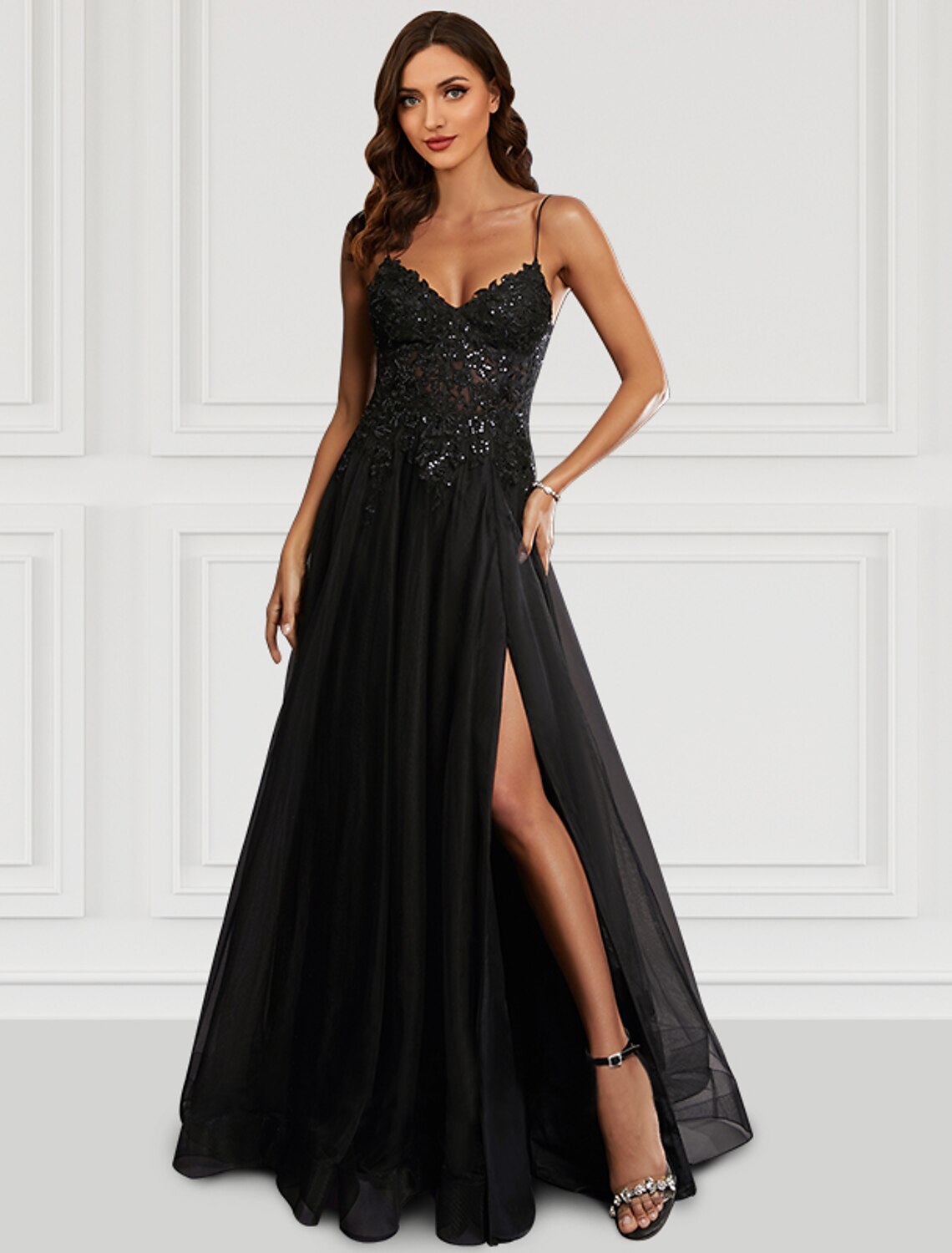 Black Chiffon A-Line Floor-Length Evening Dress with Sequin Bodice & High Slit