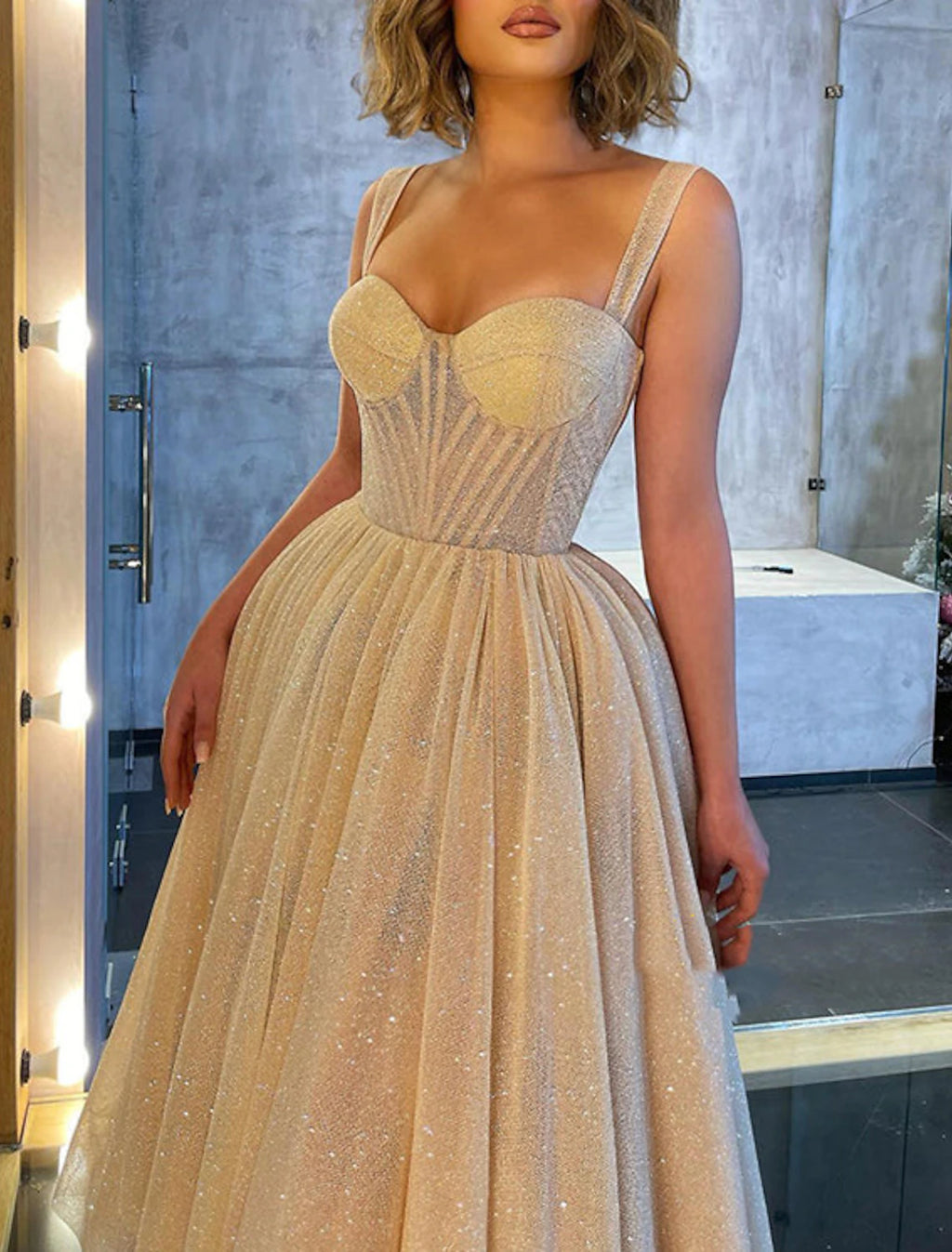 Vestido de fiesta de baile, vestido de corsé, vestido de fiesta de boda, cumpleaños, largo hasta el tobillo, sin mangas, tirantes finos, tul con lentejuelas brillantes
