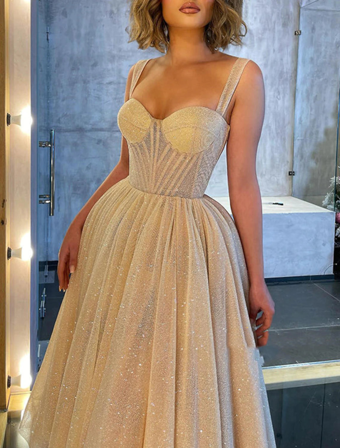 Vestido de fiesta de baile, vestido de corsé, vestido de fiesta de boda, cumpleaños, largo hasta el tobillo, sin mangas, tirantes finos, tul con lentejuelas brillantes