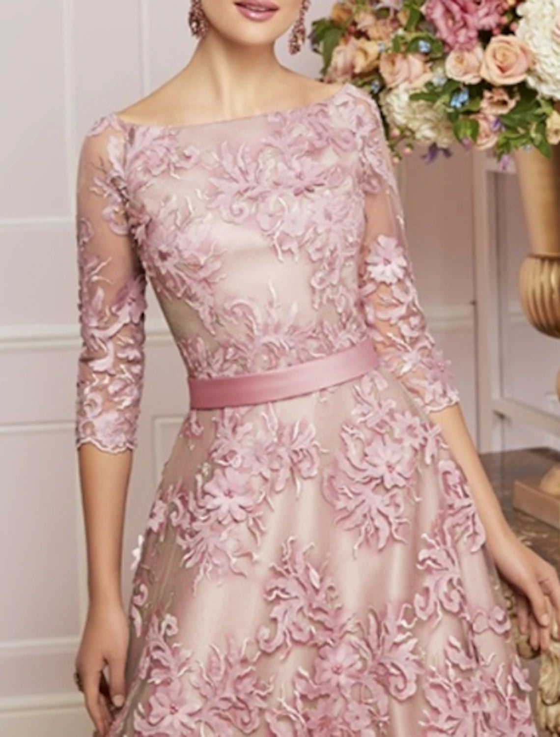 Blushing Pink Lace A-Line Tea-Length Dress with Floral Embroidery