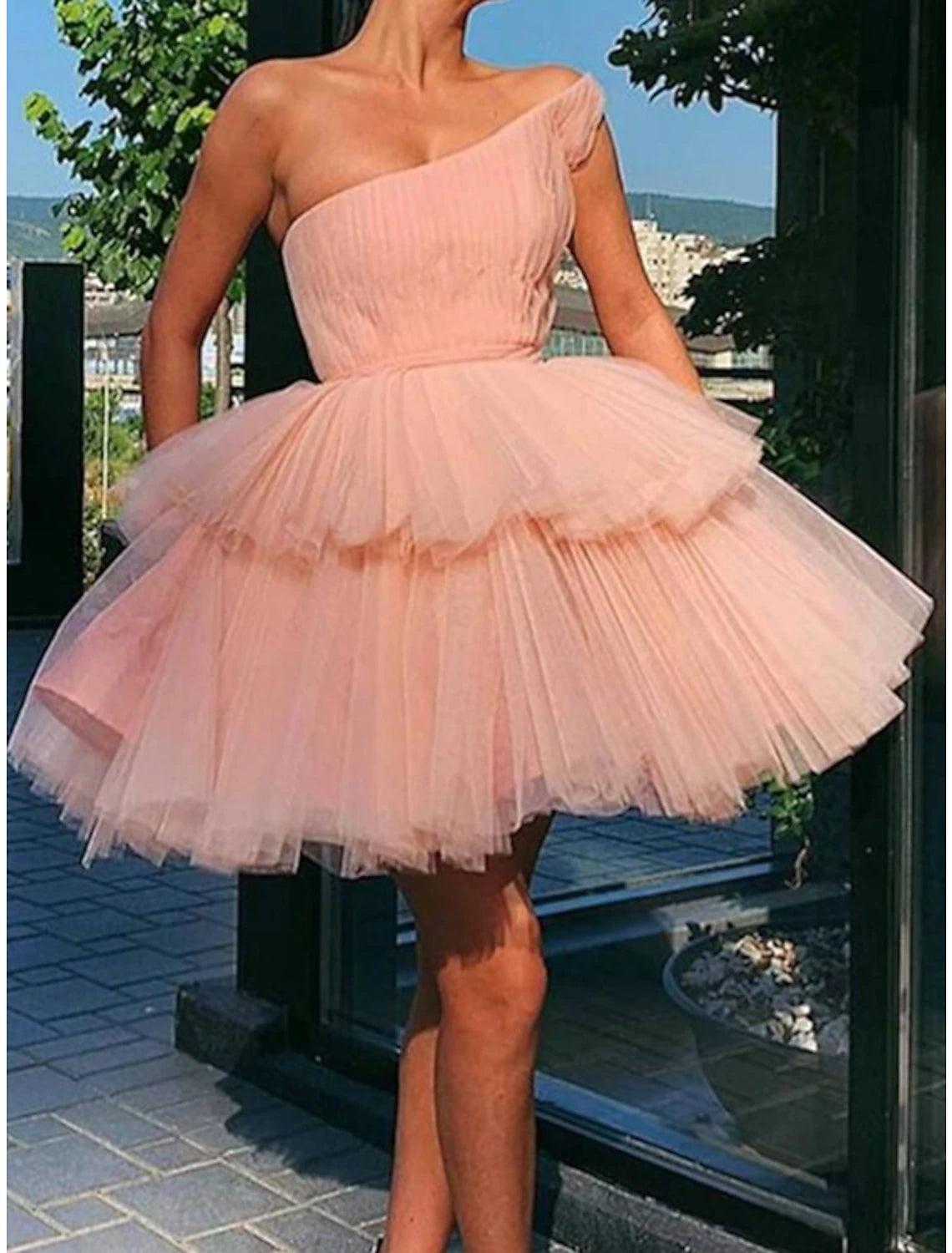 Abiti da ballo a trapezio, abito plissettato a strati, abito da cocktail di laurea, corto/mini, senza maniche, monospalla, abito rosa in tulle con volant