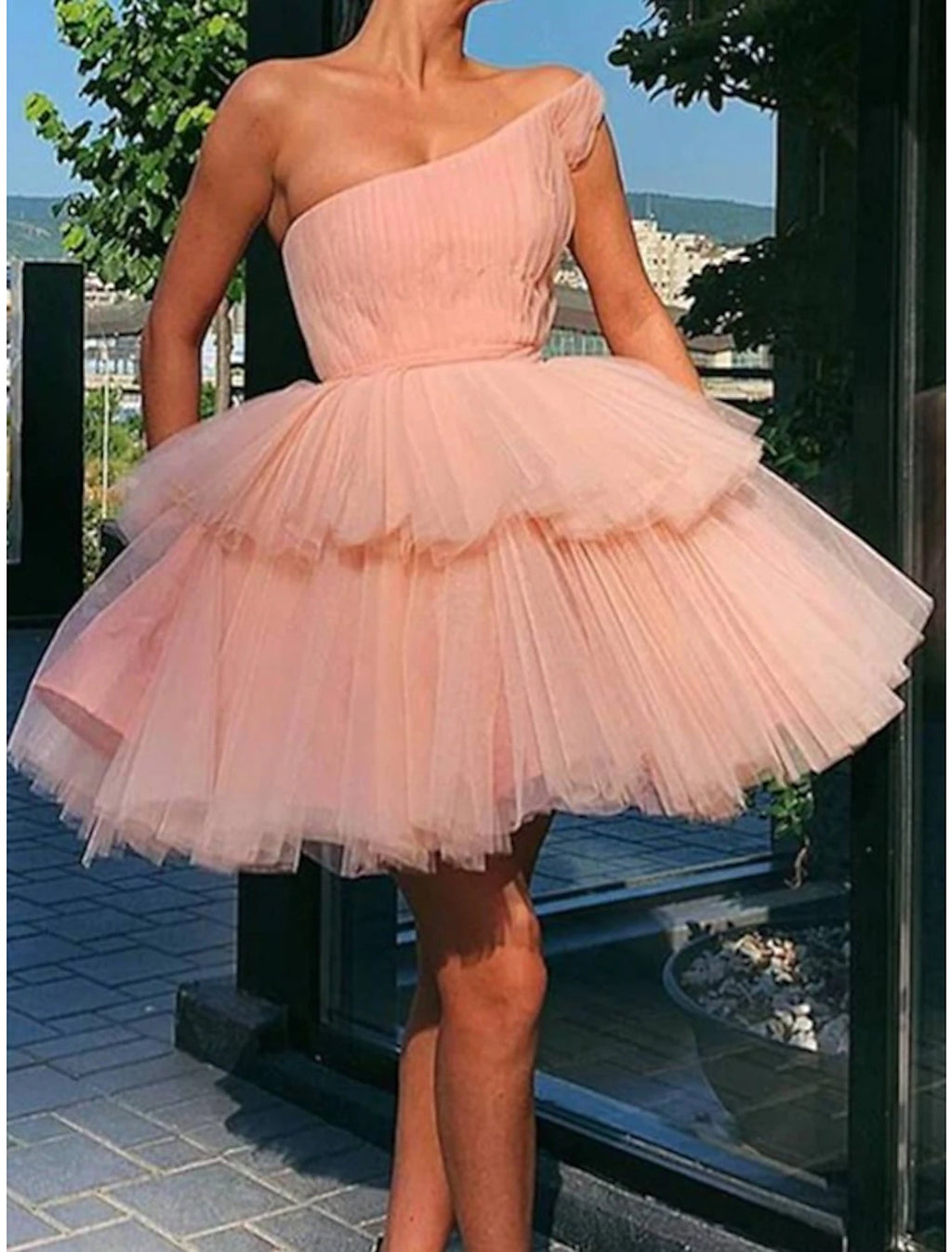 Blushing Pink Tulle One Shoulder Short A-Line Dress with Tiered Skirt